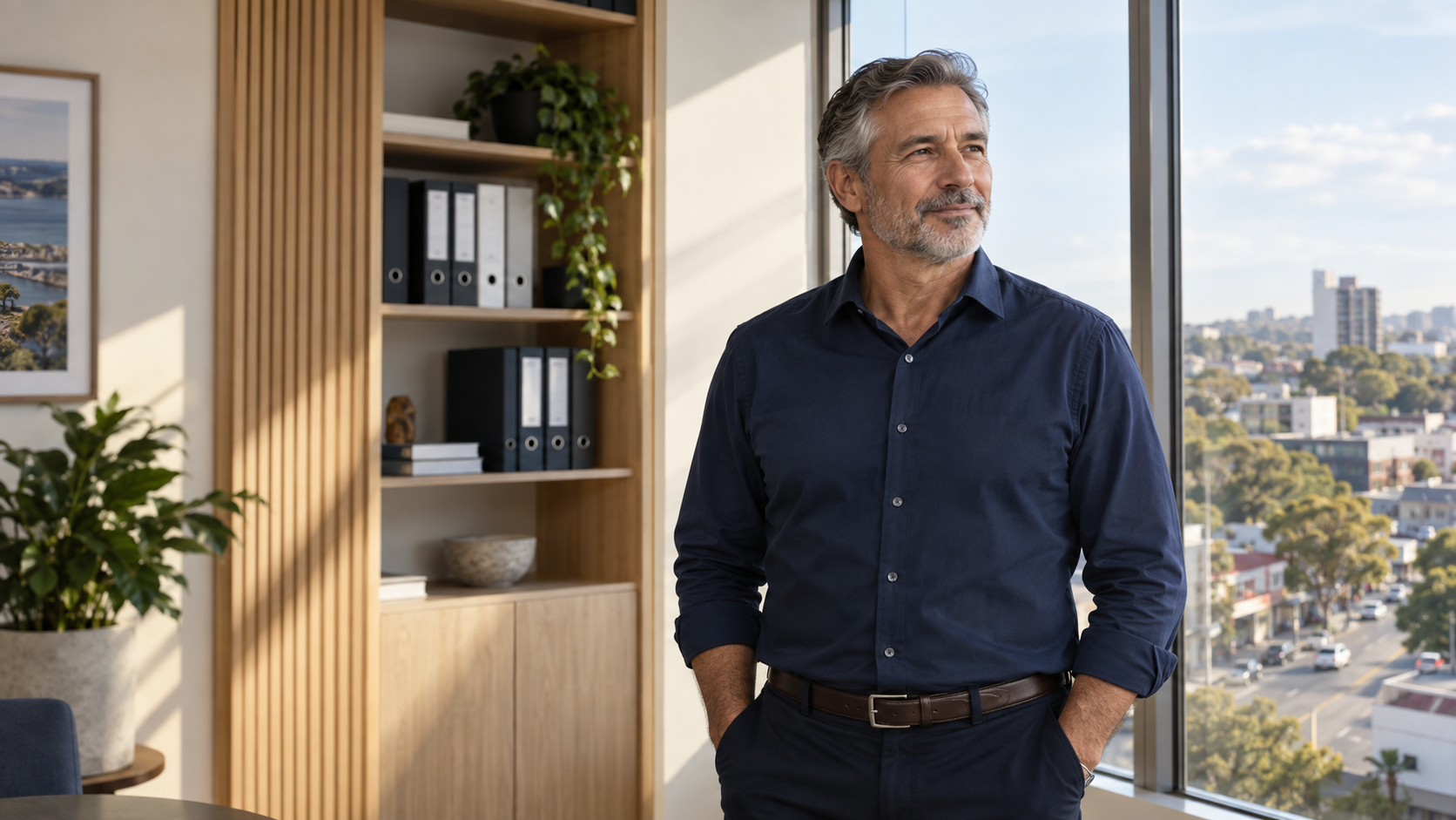 Experienced financial adviser standing in a contemporary local office