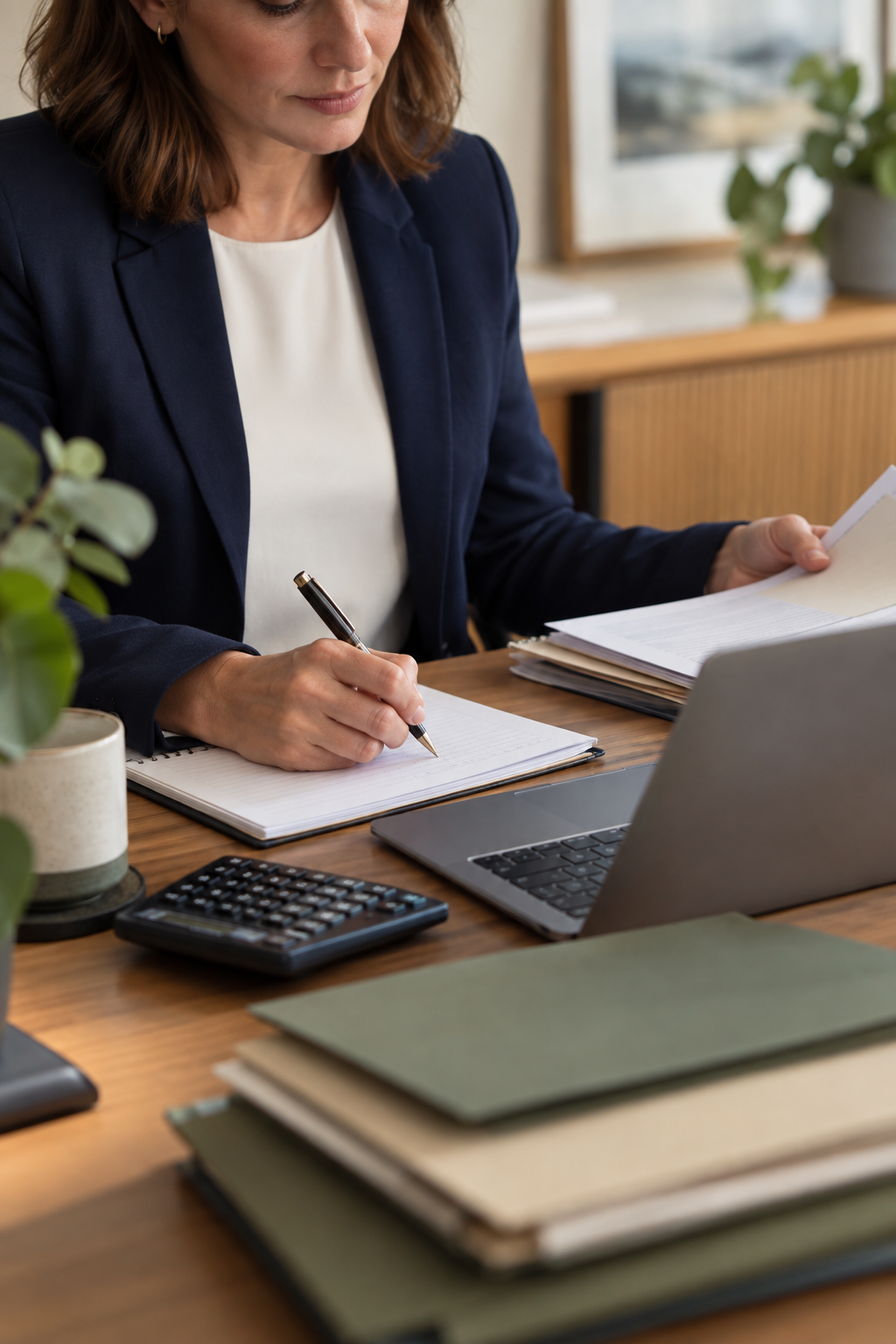 Professional reviewing a financial file at a desk