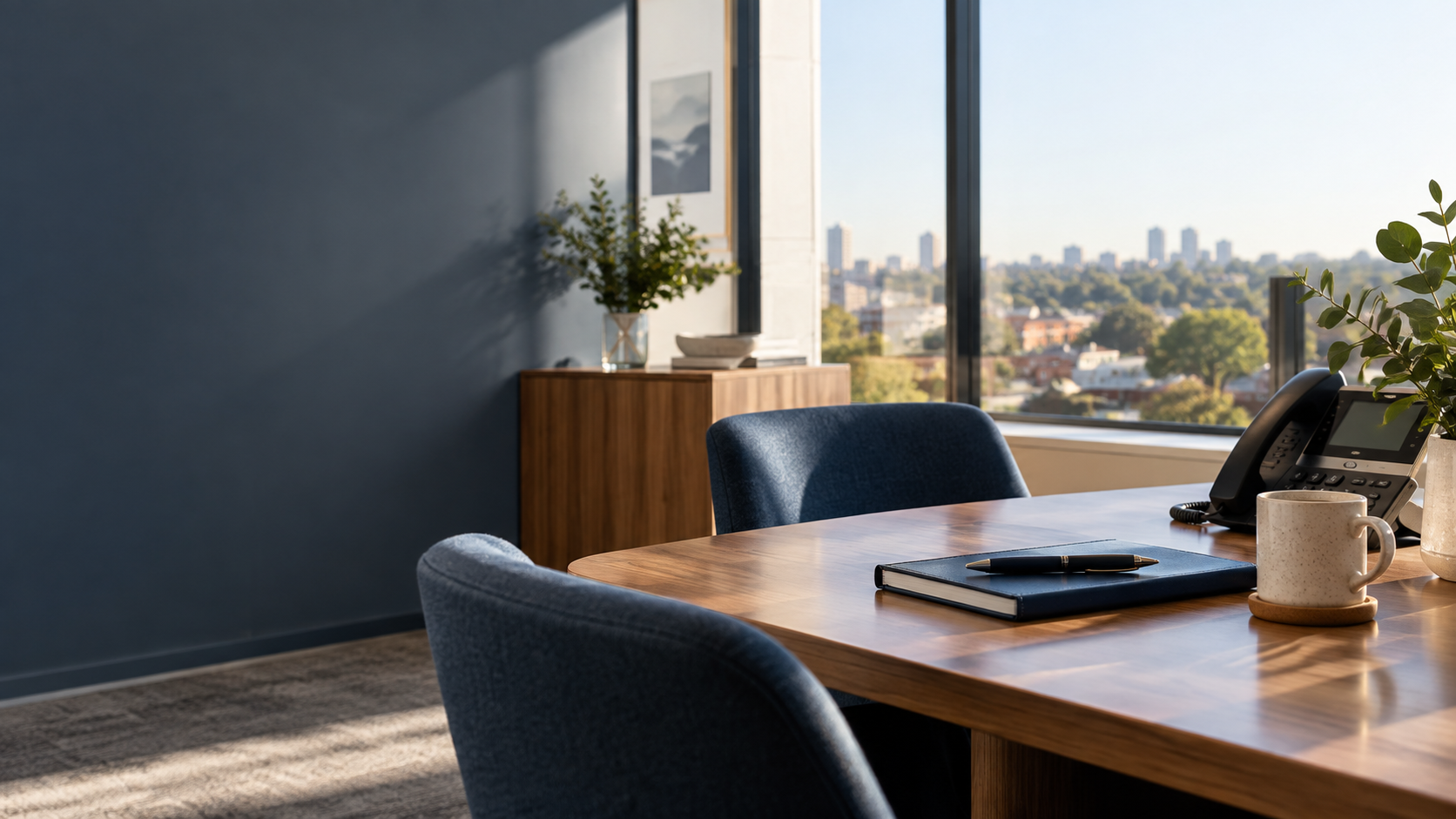 Prepared consultation space with office phone and notebook