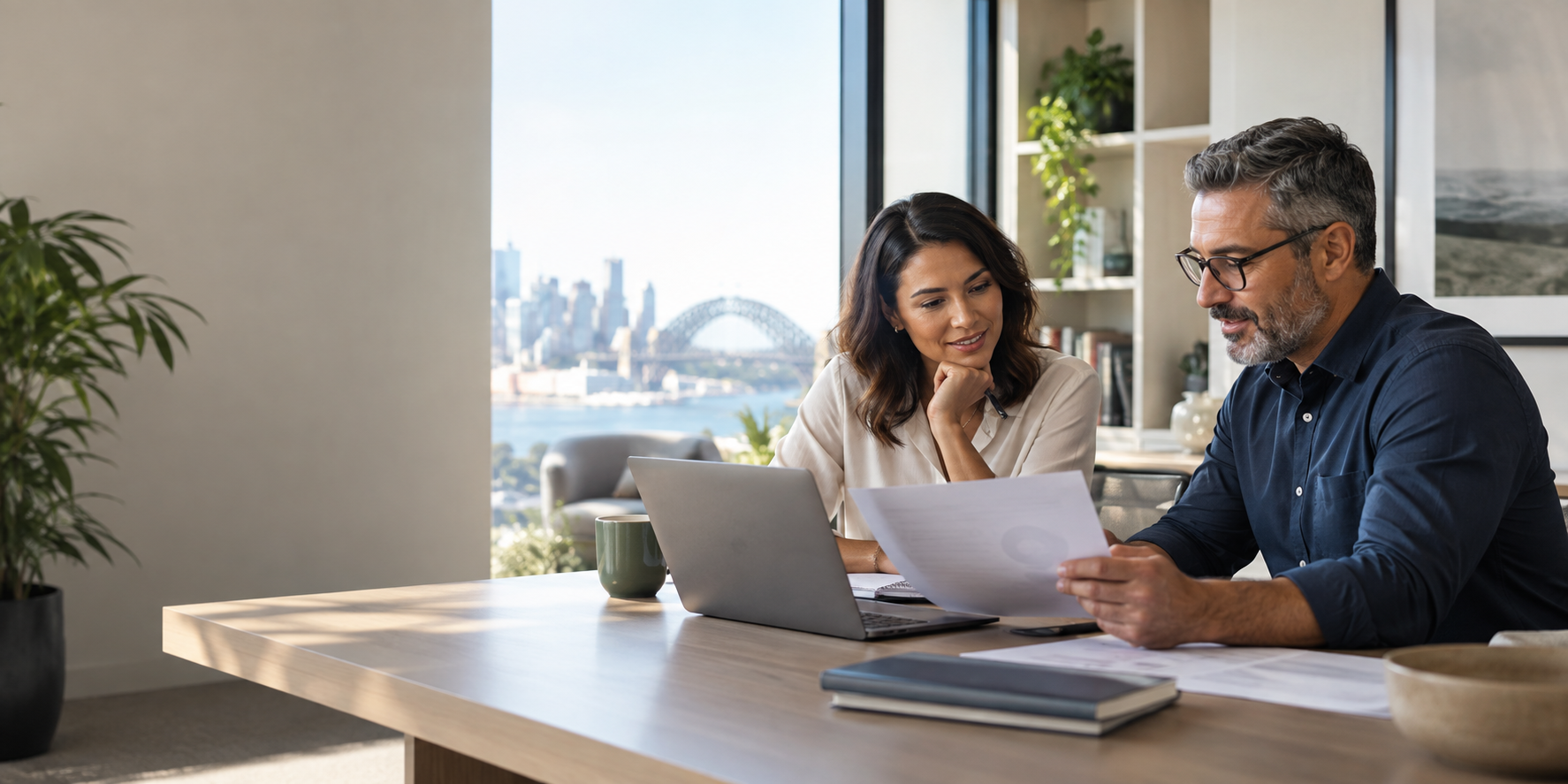 Financial adviser and client reviewing documents in a professional office